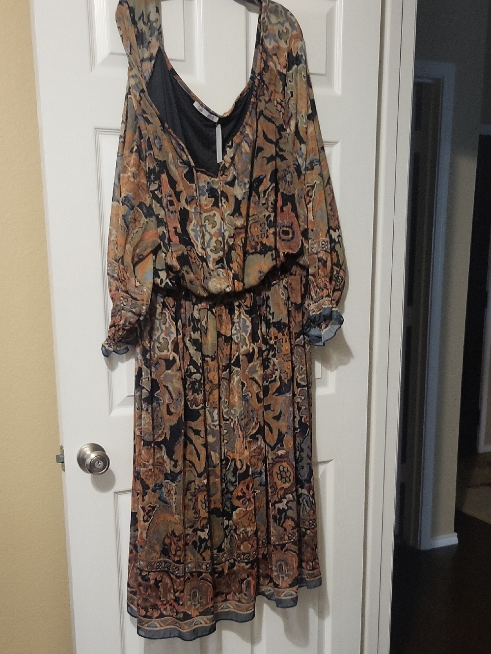 Dex Bohemian Paisley Long Sleeve Midi Dress - Black, Brown, Tan